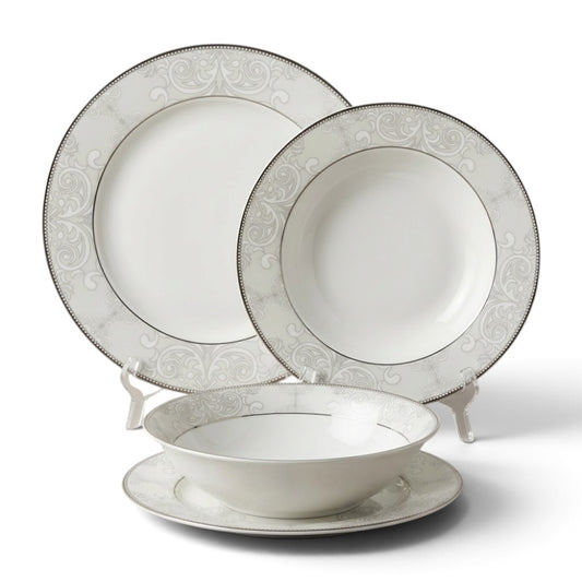 Royal 24-Piece Fine Porcelain Dinnerware Set – Off-White with Baroque Silver Damask Trim (Model TRJ25027)