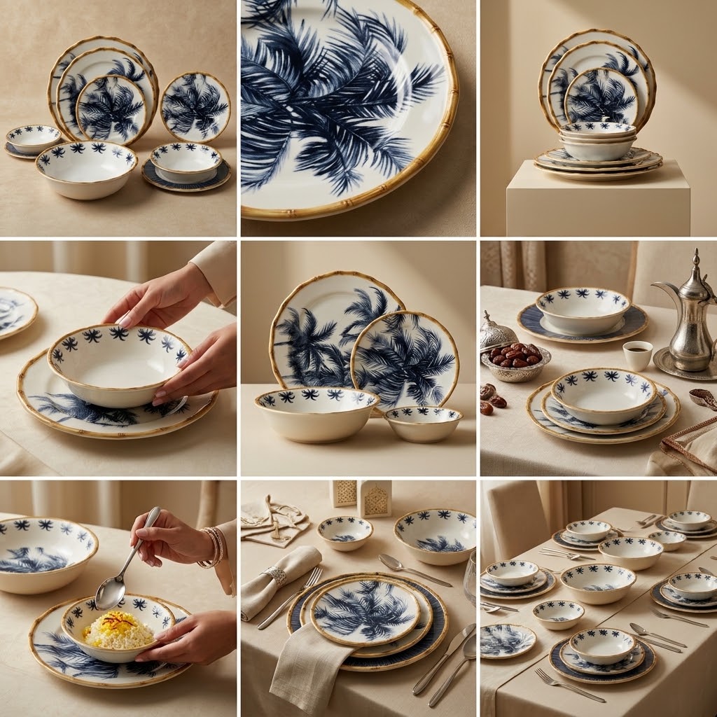 Luxury 26-Piece Porcelain Dinnerware Set – Navy Blue Palm Tree Design with Bamboo-Style Trim (Model RM-448)