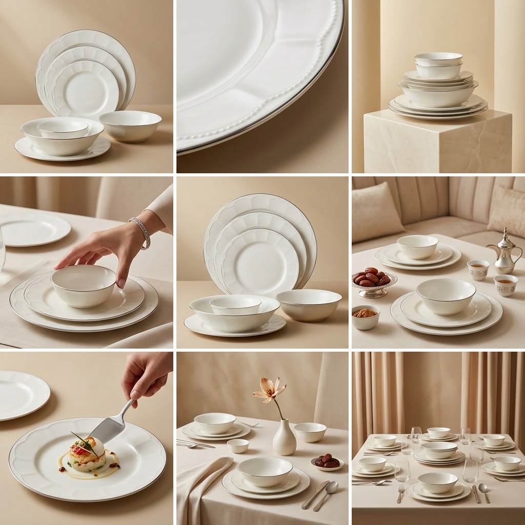 Classic 26-Piece Fine Porcelain Dinnerware Set – Pure White with Scalloped Rims & Metallic Silver Trim (Model GL-251) - Mawaeen