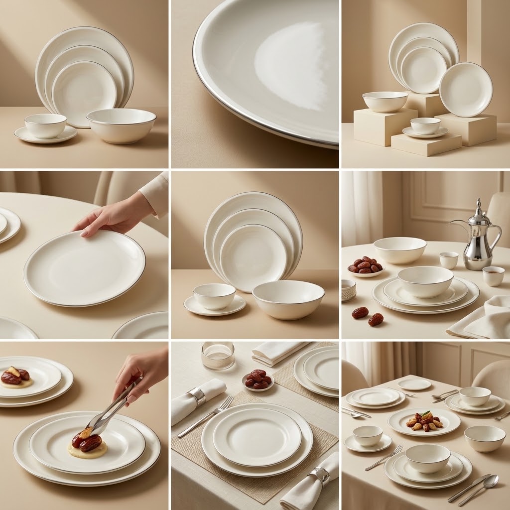 Modern Coupe 26-Piece Fine Porcelain Dinnerware Set – Pure White with Sleek Silver Rim Accent (Model GL-246) - Mawaeen