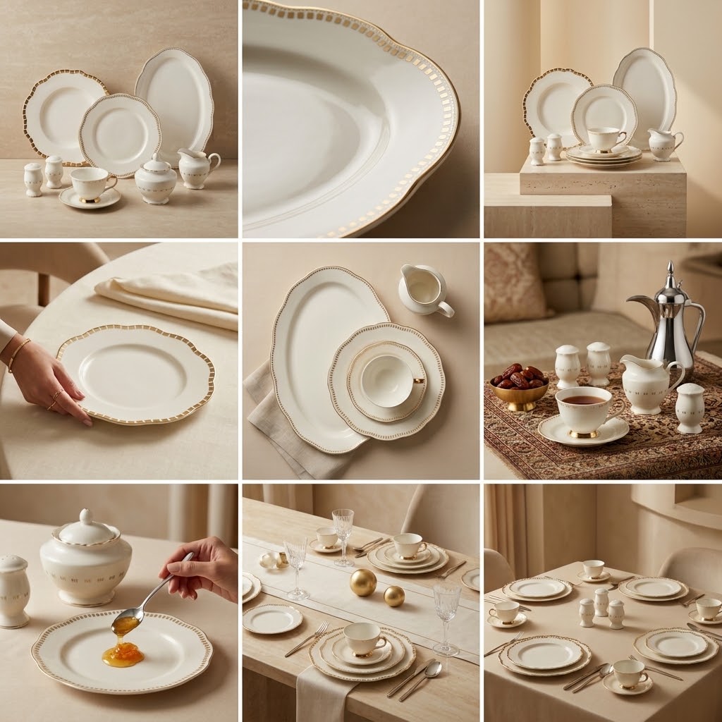 Luxury 44-Piece New Bone China Dinner Set – Pure White with Scalloped & Beaded Gold Geometric Borders (Model GP Series) - Mawaeen