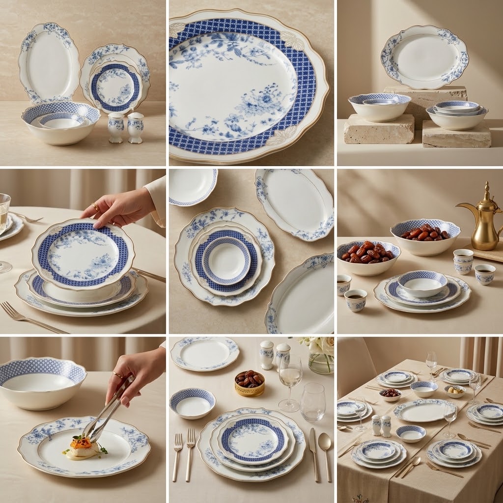 Royal Victoria 28-Piece Fine Porcelain Dinner Set – White & Cobalt Blue Floral Chinoiserie with Gilded Scalloped Trim (Model GP-109)