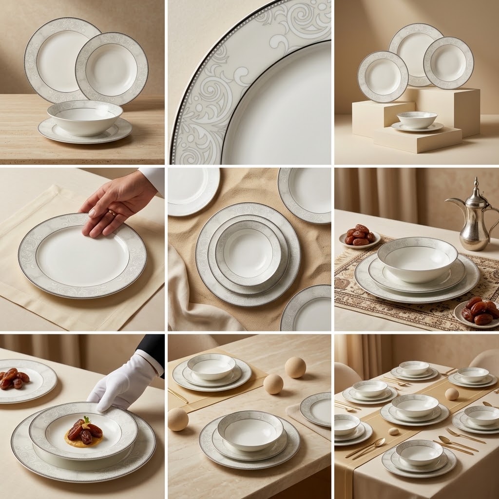 Royal 24-Piece Fine Porcelain Dinnerware Set – Off-White with Baroque Silver Damask Trim (Model TRJ25027)