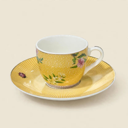 Royal Yellow Floral Tea & Coffee Hospitality Set with Engraved Oval Tray & Floral Accent