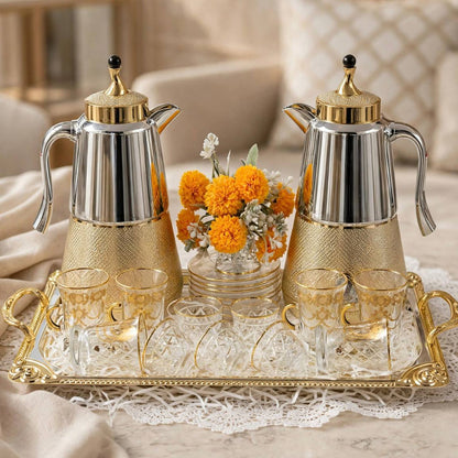 Gold & Crystal Cut Tea & Coffee Hospitality Set with Baroque Serving Tray & Floral Accent
