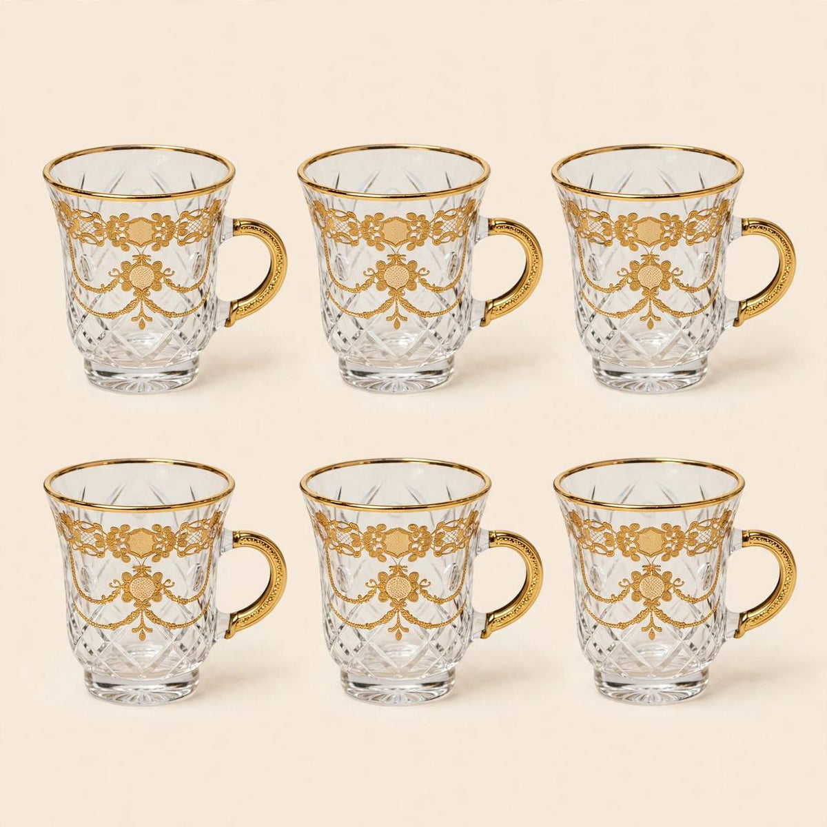 Gold & Crystal Cut Tea & Coffee Hospitality Set with Baroque Serving Tray & Floral Accent