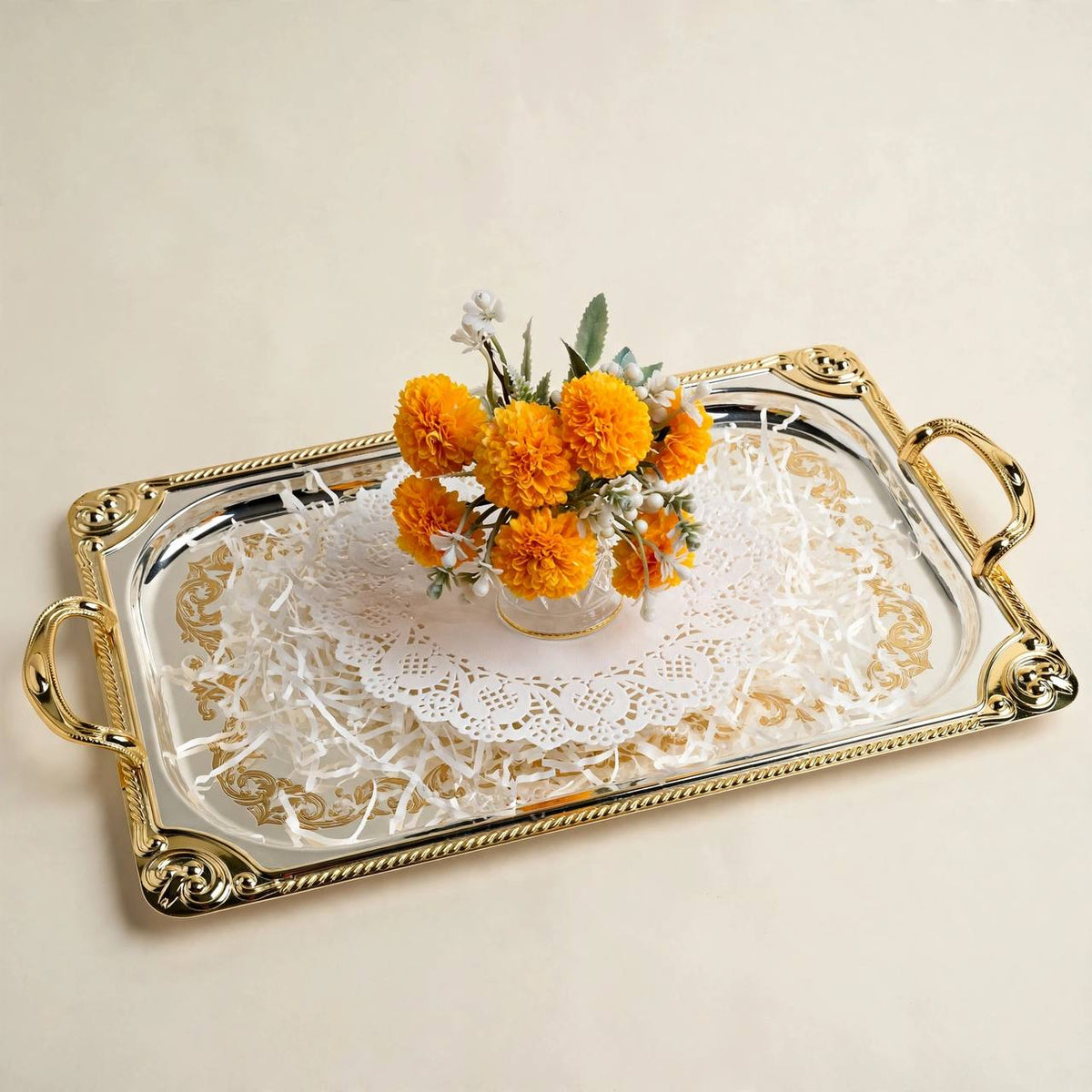 Gold & Crystal Cut Tea & Coffee Hospitality Set with Baroque Serving Tray & Floral Accent