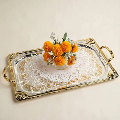 Gold & Crystal Cut Tea & Coffee Hospitality Set with Baroque Serving Tray & Floral Accent