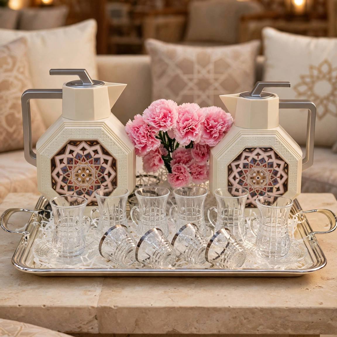 Andalusian Geometric Tea & Coffee Hospitality Set with Silver Stainless Steel Tray & Floral Accent