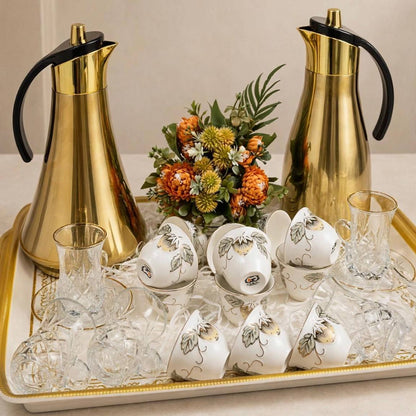 Polished Gold Thermal Tea & Coffee Hospitality Set with Botanical Cawa Cups, Serving Tray & Floral Accent