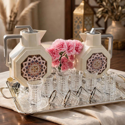 Andalusian Geometric Tea & Coffee Hospitality Set with Silver Stainless Steel Tray & Floral Accent