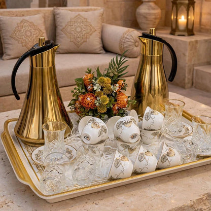 Polished Gold Thermal Tea & Coffee Hospitality Set with Botanical Cawa Cups, Serving Tray & Floral Accent