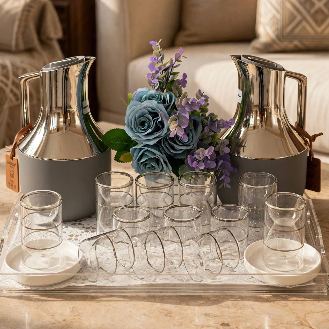 Matte Gray & Chrome Double-Walled Tea and Coffee Set with Acrylic Tray & Floral Accent