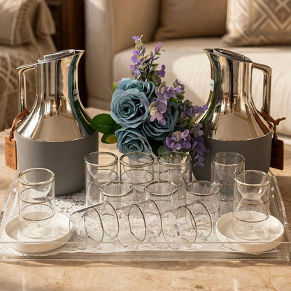 Matte Gray & Chrome Double-Walled Tea and Coffee Set with Acrylic Tray & Floral Accent