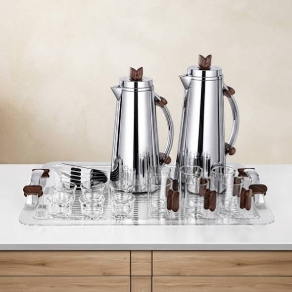 Al Marjan 21 Pieces Tea & Coffee Set, Silver & Dark Wood