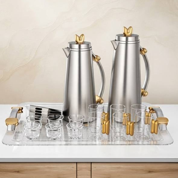 Al Marjan 21 Pieces Tea & Coffee Set, Matt Nickel & Matt Gold