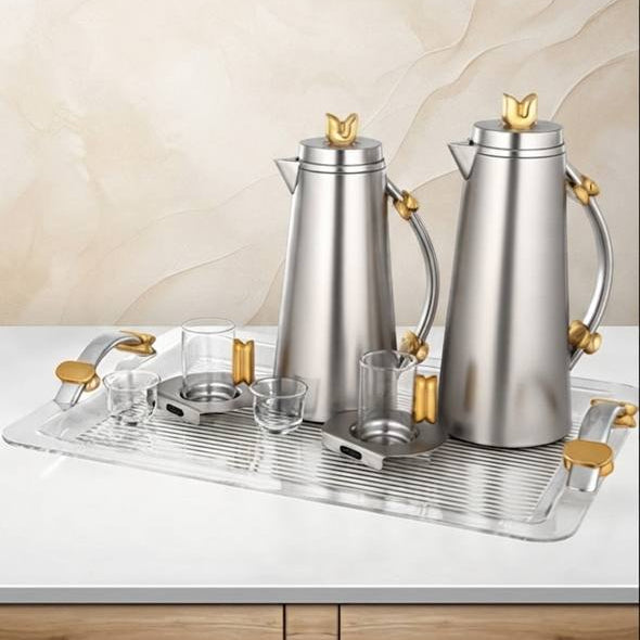 Al Marjan 21 Pieces Tea & Coffee Set, Matt Nickel & Matt Gold