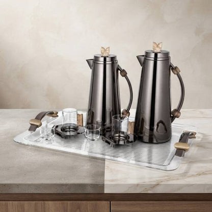 Al Marjan 21 Pieces Tea & Coffee Set, Gun Black & Travertine Marble