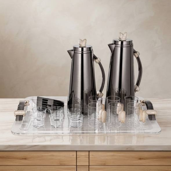 Al Marjan 21 Pieces Tea & Coffee Set, Gun Black & Travertine Marble
