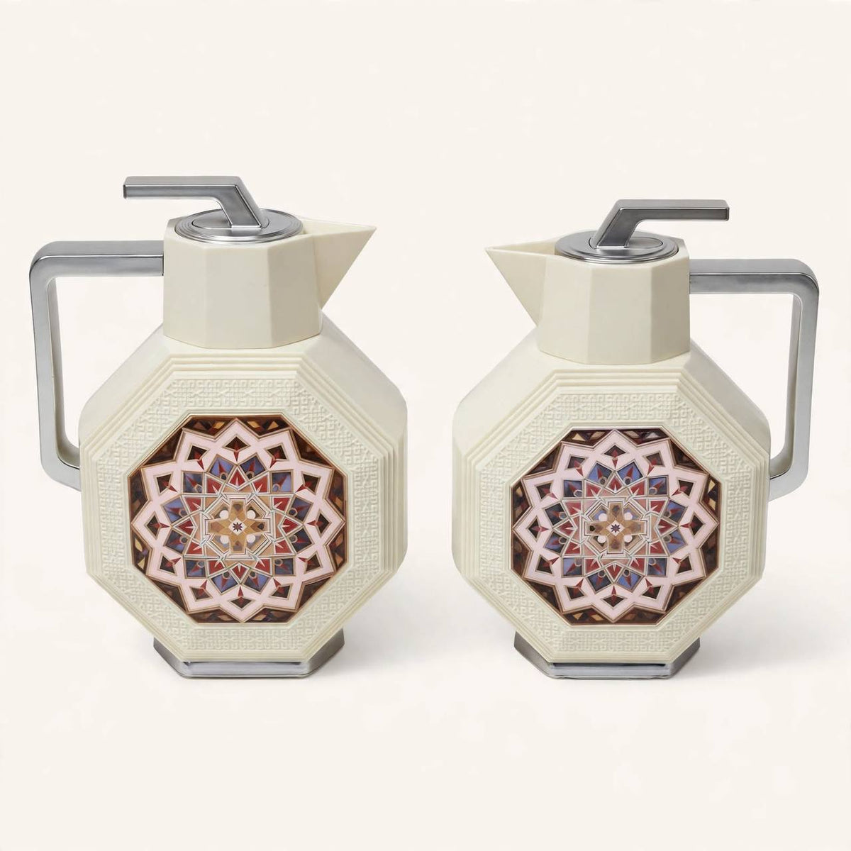 Andalusian Geometric Tea & Coffee Hospitality Set with Silver Stainless Steel Tray & Floral Accent