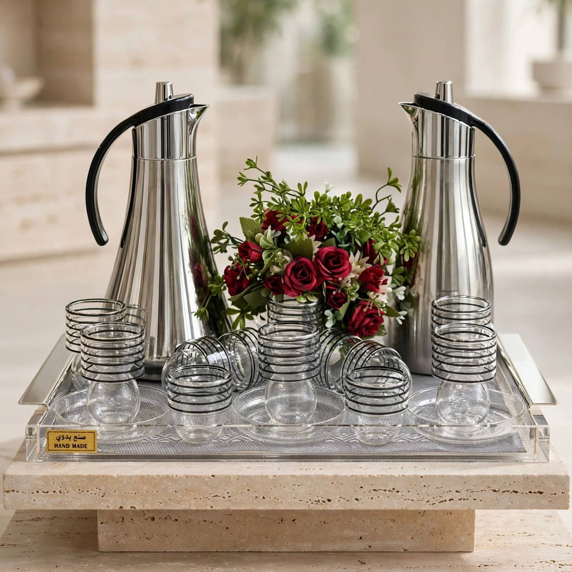 Silver & Black-Striped Glass Tea & Coffee Hospitality Set with Acrylic Tray & Floral Accent