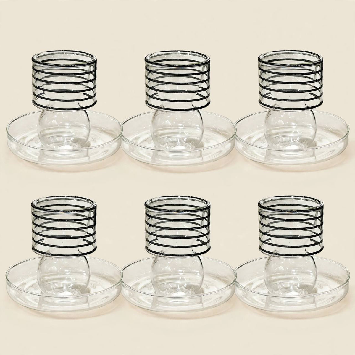 Silver & Black-Striped Glass Tea & Coffee Hospitality Set with Acrylic Tray & Floral Accent