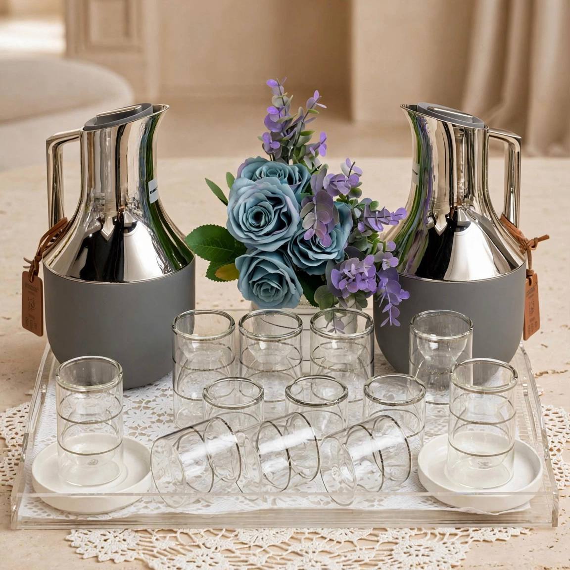 Matte Gray & Chrome Double-Walled Tea and Coffee Set with Acrylic Tray & Floral Accent