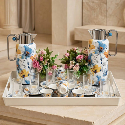 Blue Botanical Poppy Tea & Coffee Hospitality Set with White Tray & Floral Accent