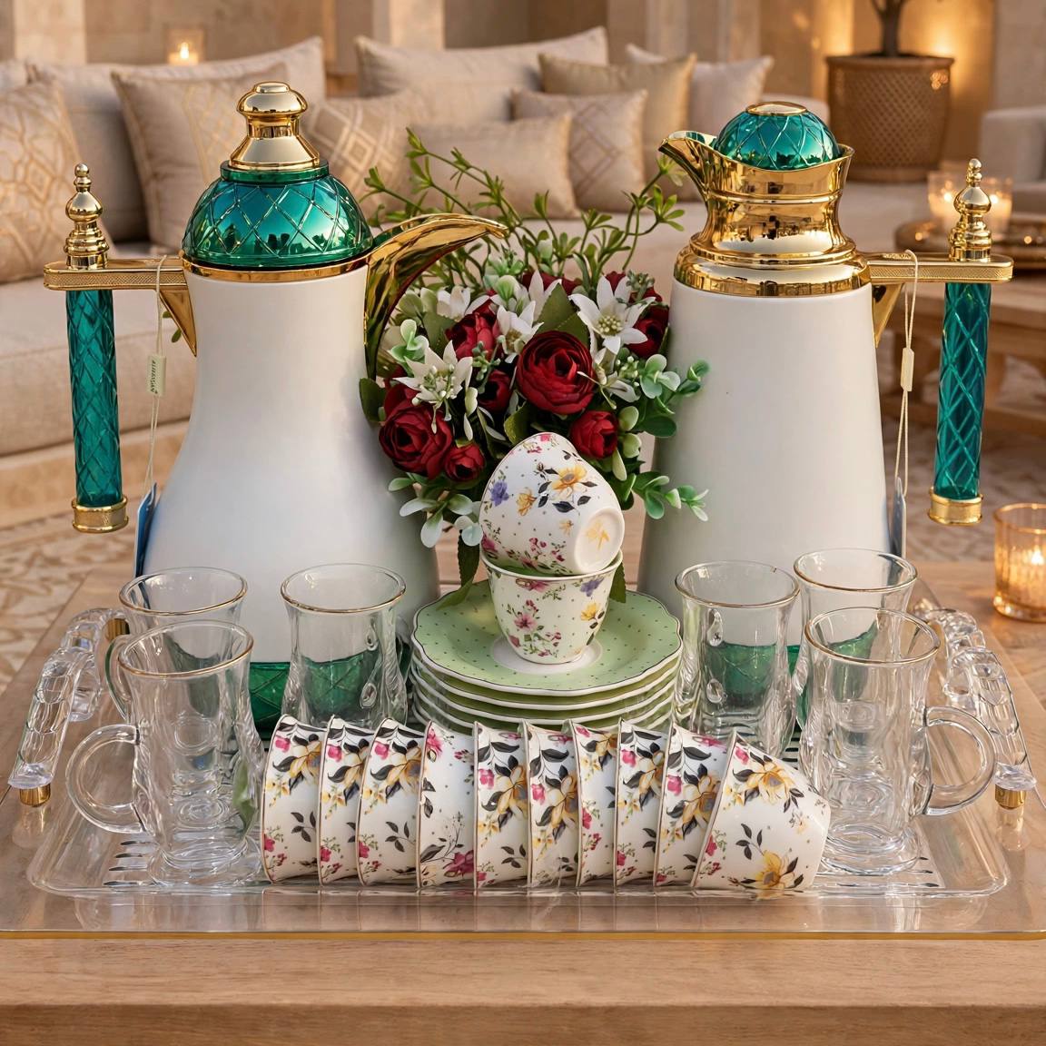Emerald Green & Gold Tea and Coffee Set with Acrylic Tray & Floral Accent