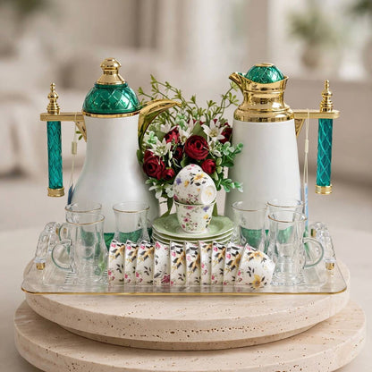 Emerald Green & Gold Tea and Coffee Set with Acrylic Tray & Floral Accent
