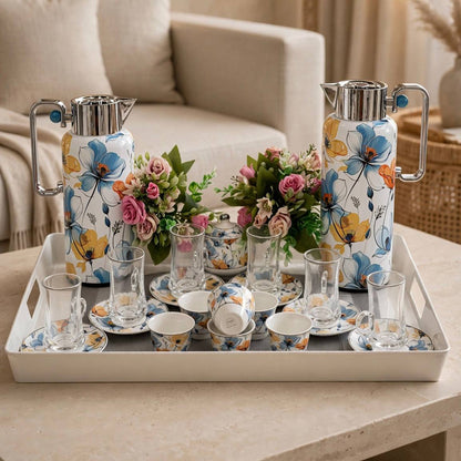 Blue Botanical Poppy Tea & Coffee Hospitality Set with White Tray & Floral Accent