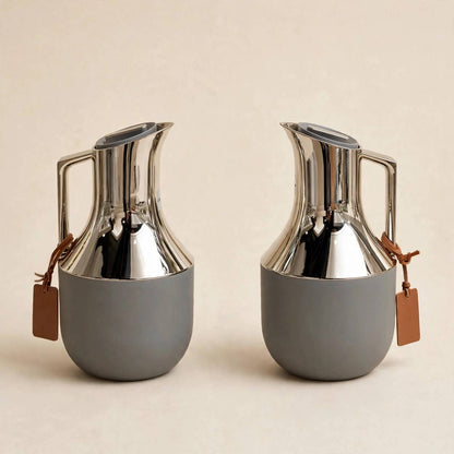 Matte Gray & Chrome Double-Walled Tea and Coffee Set with Acrylic Tray & Floral Accent