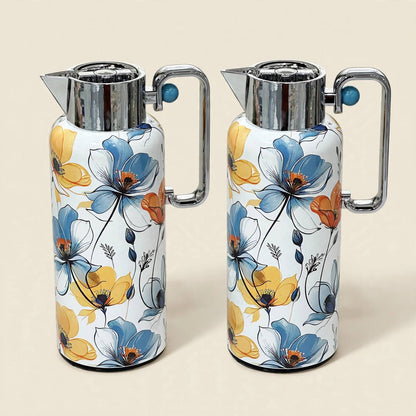 Blue Botanical Poppy Tea & Coffee Hospitality Set with White Tray & Floral Accent