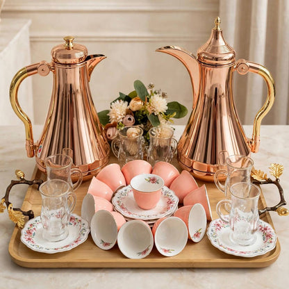 Rose Gold Tea & Coffee Hospitality Set with Blush Cawa Cups, Wooden Tray & Floral Accent
