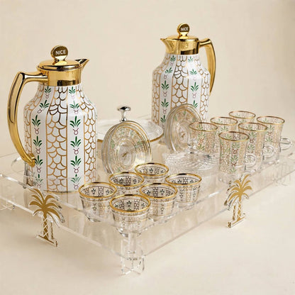 Heritage Gold & Palm Motif Tea & Coffee Hospitality Set with Custom Palm-Leg Acrylic Tray, Covered Date Bowl & Crystal Sugar Pot