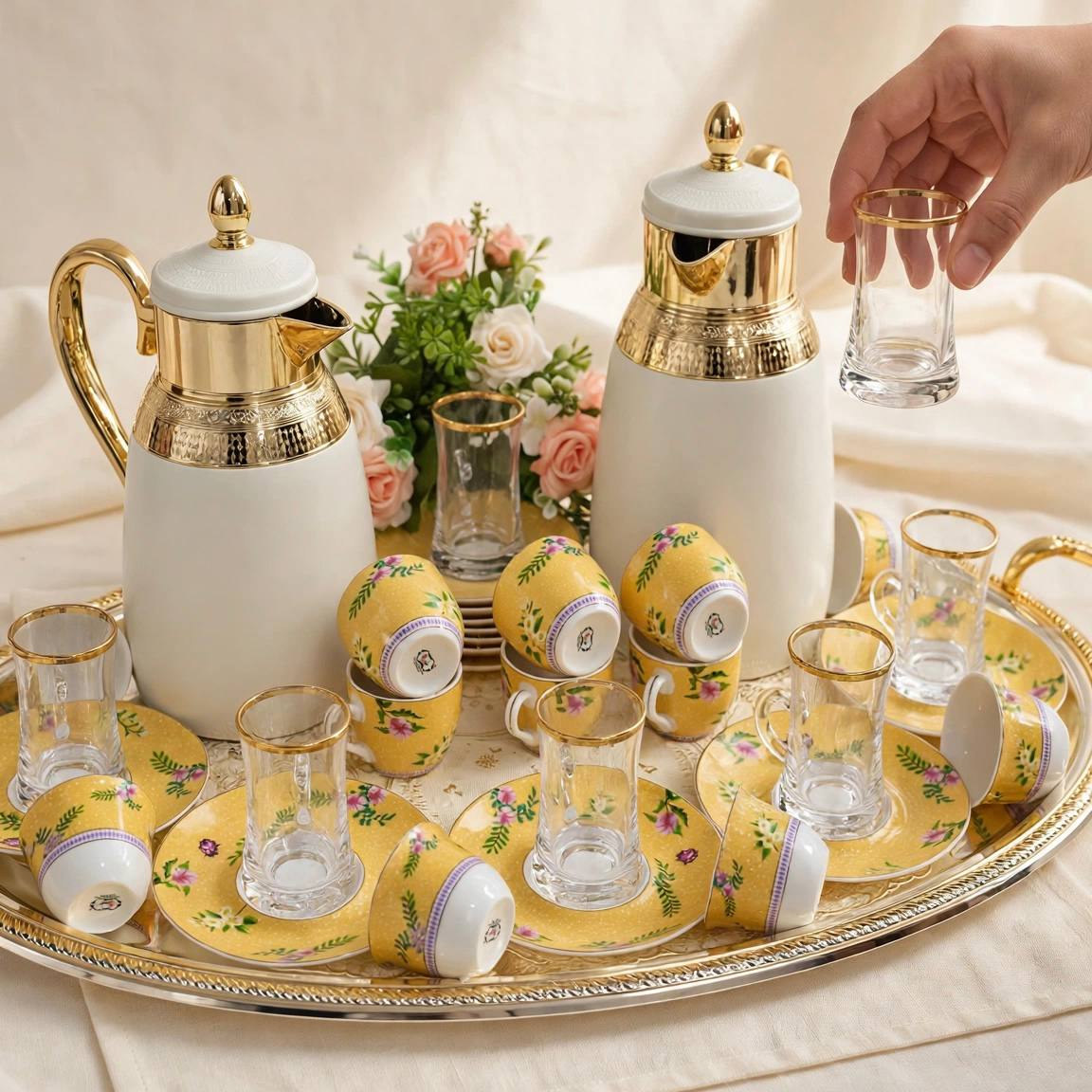 Royal Yellow Floral Tea & Coffee Hospitality Set with Engraved Oval Tray & Floral Accent