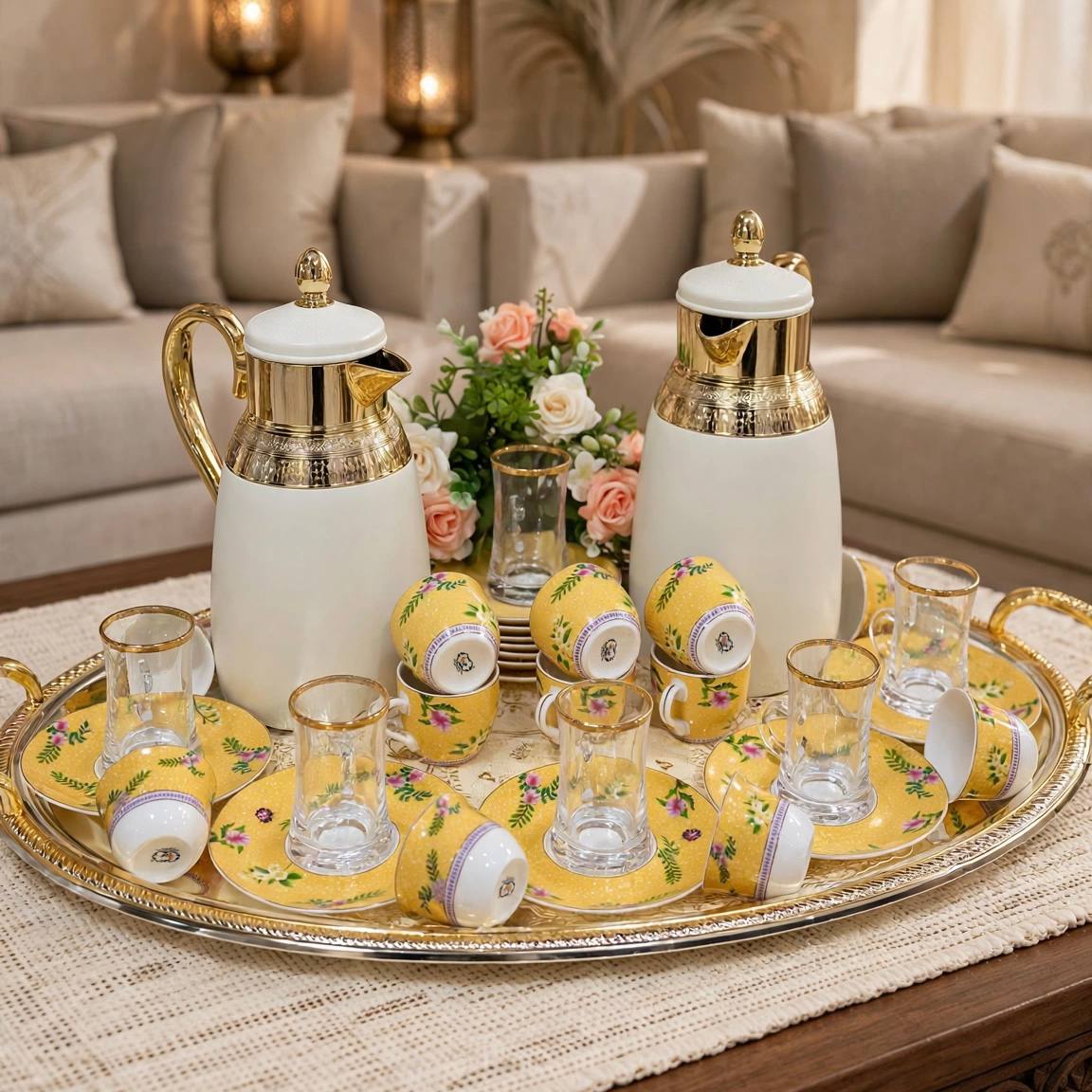 Royal Yellow Floral Tea & Coffee Hospitality Set with Engraved Oval Tray & Floral Accent