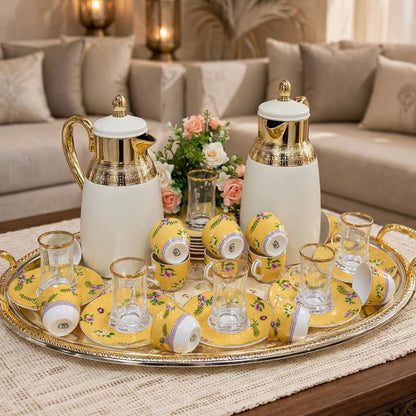 Royal Yellow Floral Tea & Coffee Hospitality Set with Engraved Oval Tray & Floral Accent