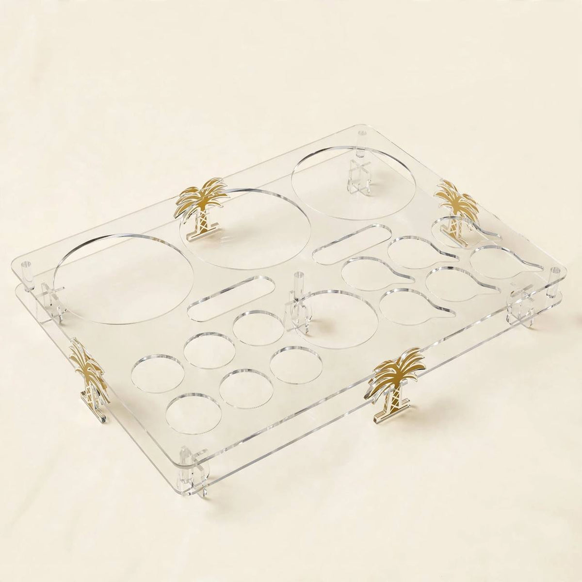 Heritage Gold & Palm Motif Tea & Coffee Hospitality Set with Custom Palm-Leg Acrylic Tray, Covered Date Bowl & Crystal Sugar Pot