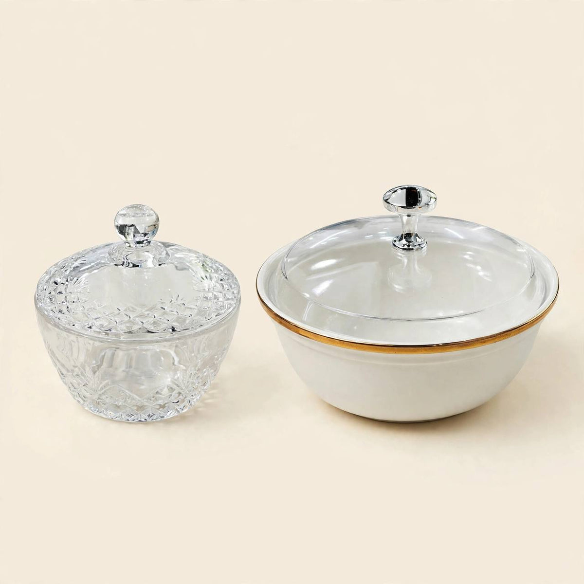 Heritage Gold & Palm Motif Tea & Coffee Hospitality Set with Custom Palm-Leg Acrylic Tray, Covered Date Bowl & Crystal Sugar Pot