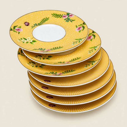 Royal Yellow Floral Tea & Coffee Hospitality Set with Engraved Oval Tray & Floral Accent