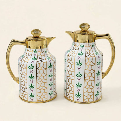 Heritage Gold & Palm Motif Tea & Coffee Hospitality Set with Custom Palm-Leg Acrylic Tray, Covered Date Bowl & Crystal Sugar Pot