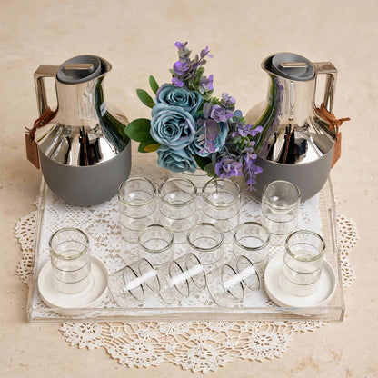 Matte Gray & Chrome Double-Walled Tea and Coffee Set with Acrylic Tray & Floral Accent