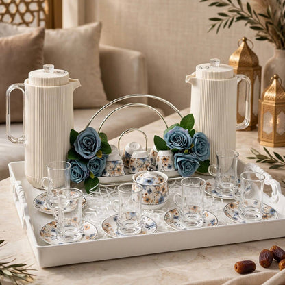 Fluted Cream & Floral Tea & Coffee Hospitality Set with Arched Cup Stand, Sugar Pot & Serving Tray