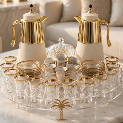 Royal Gold & Crystal Cut Tea & Coffee Hospitality Set with Custom Palm-Tree Acrylic Organizer Tray, Sugar Pot & Date Bowls