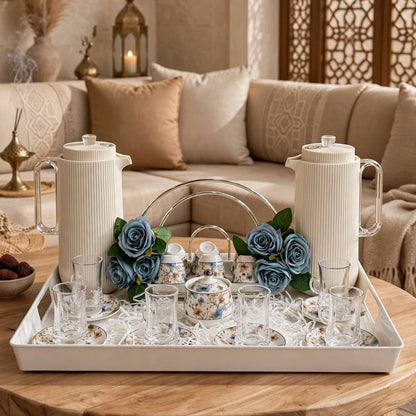 Fluted Cream & Floral Tea & Coffee Hospitality Set with Arched Cup Stand, Sugar Pot & Serving Tray
