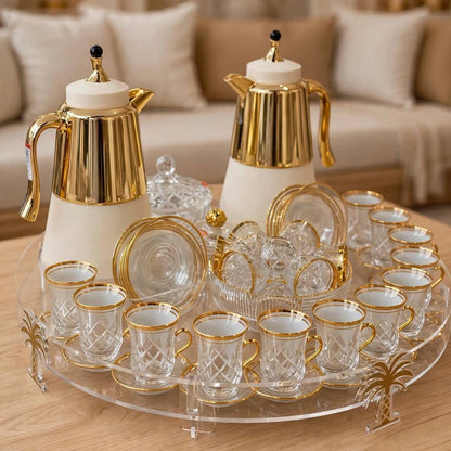 Royal Gold & Crystal Cut Tea & Coffee Hospitality Set with Custom Palm-Tree Acrylic Organizer Tray, Sugar Pot & Date Bowls