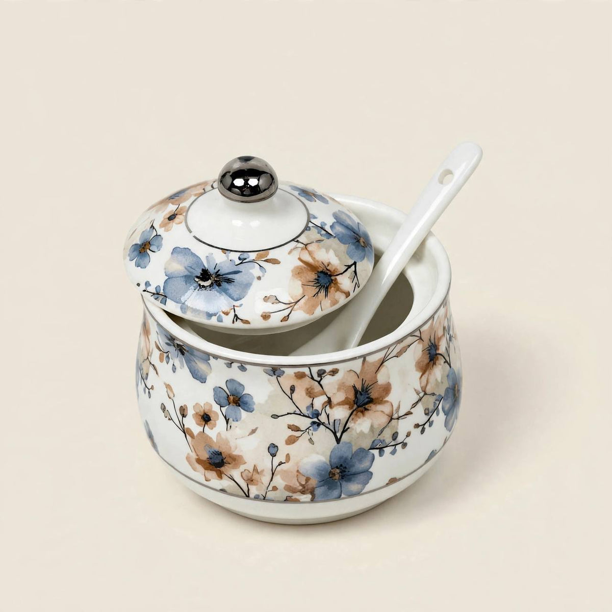 Fluted Cream & Floral Tea & Coffee Hospitality Set with Arched Cup Stand, Sugar Pot & Serving Tray