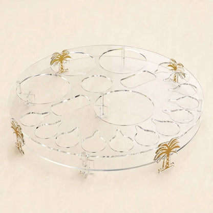Royal Gold & Crystal Cut Tea & Coffee Hospitality Set with Custom Palm-Tree Acrylic Organizer Tray, Sugar Pot & Date Bowls