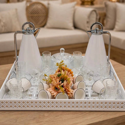 Minimalist White & Chrome Tea & Coffee Hospitality Set with Patterned Tray, Crystal Sugar Pot & Floral Centerpiece